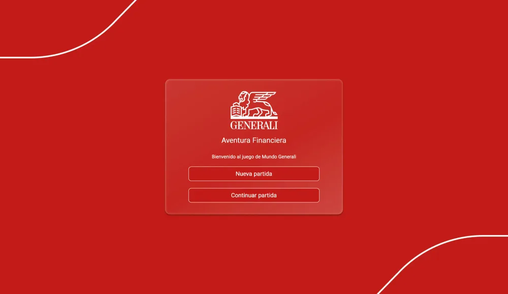 Aventura Financiera, the game's start screen with the Generali mark and the new game and continue options.
