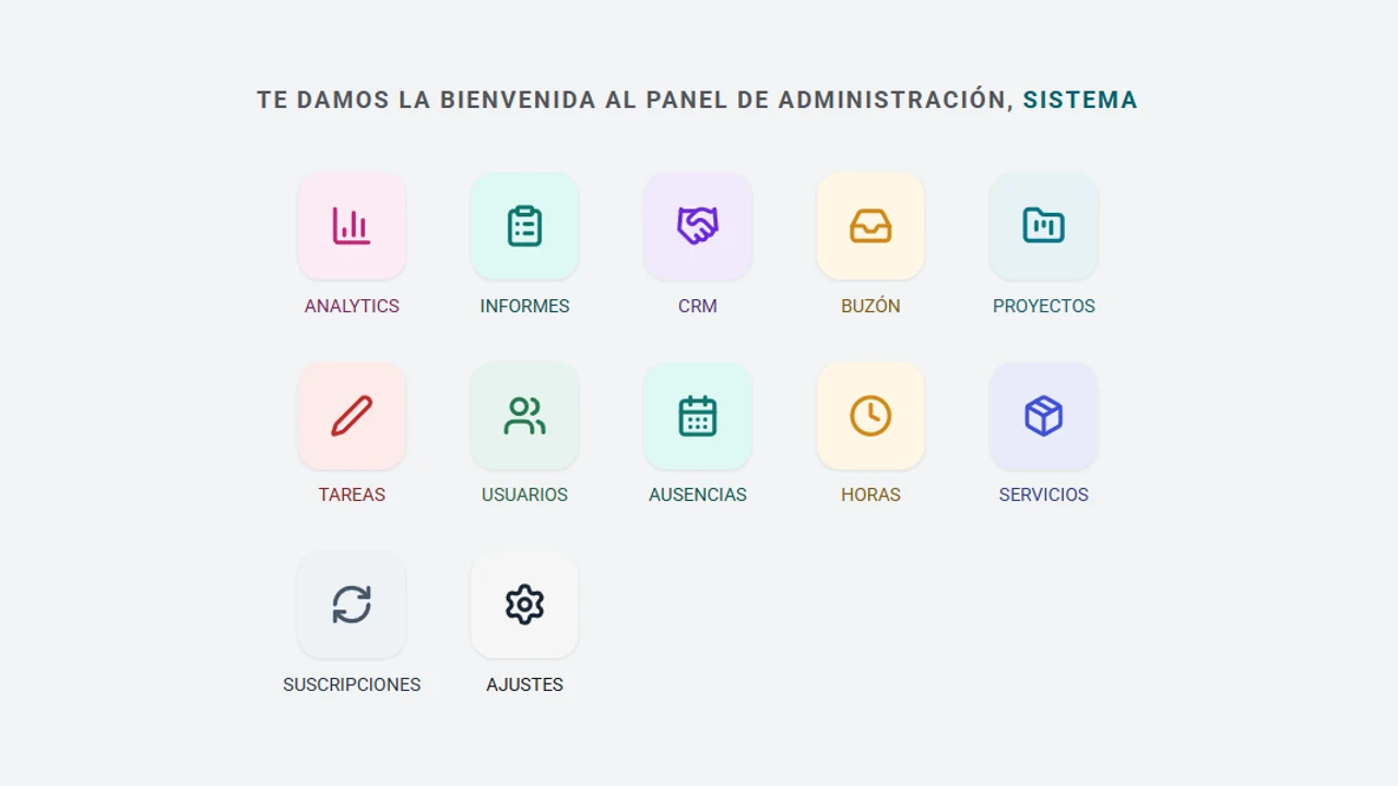 The Inypro admin panel launcher, with modules for analytics, reports, CRM, inbox, projects, tasks, users, absences, hours, services, subscriptions and settings.