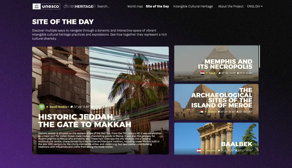 UNESCO Dive Into Heritage, the Site of the Day view, showing Historic Jeddah alongside a scrollable list of heritage sites.